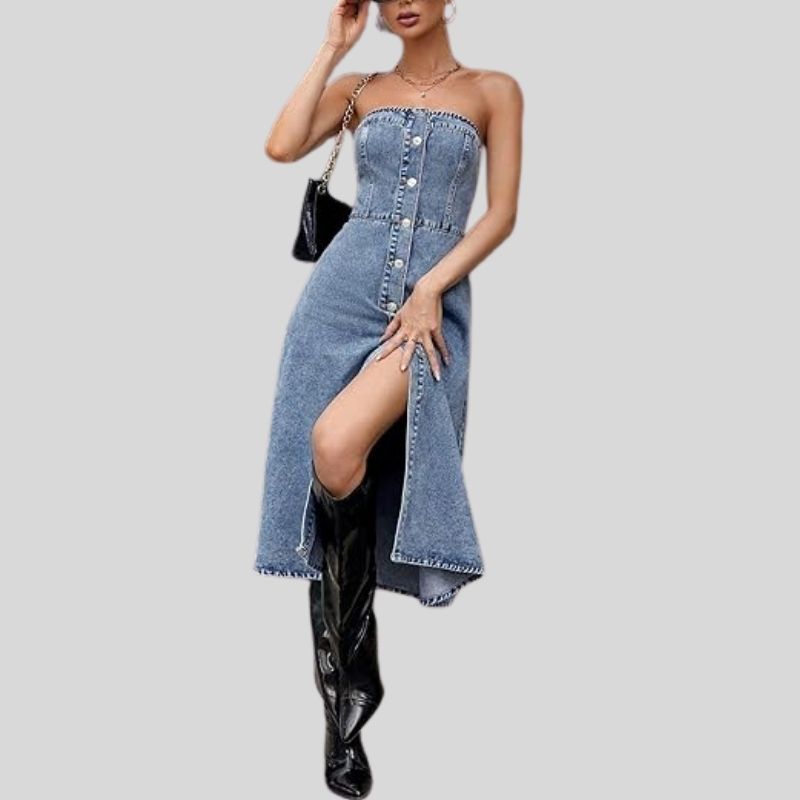 Denim-rørkjole med knapper og uten ermer