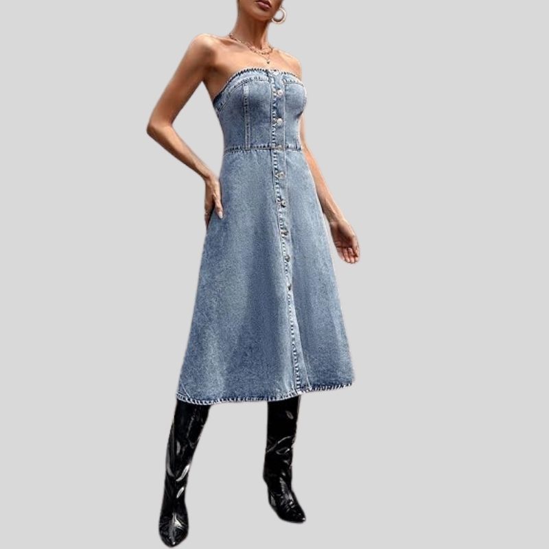 Denim-rørkjole med knapper og uten ermer