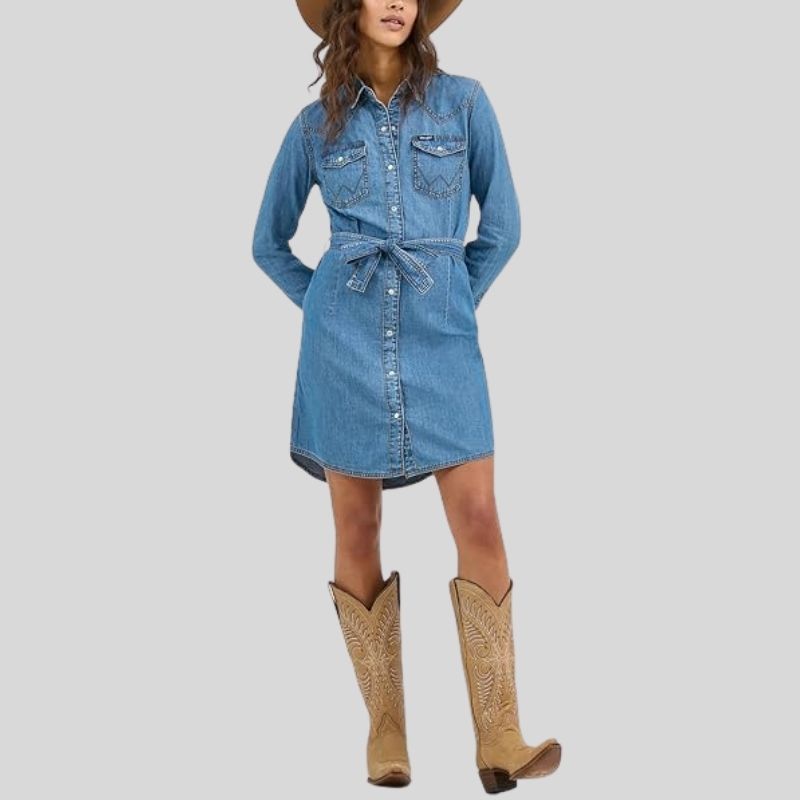 Retro langermet western-jeansskjorte med trykknapper
