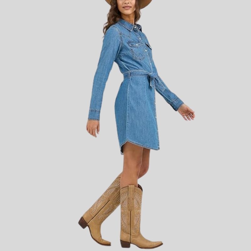 Retro langermet western-jeansskjorte med trykknapper