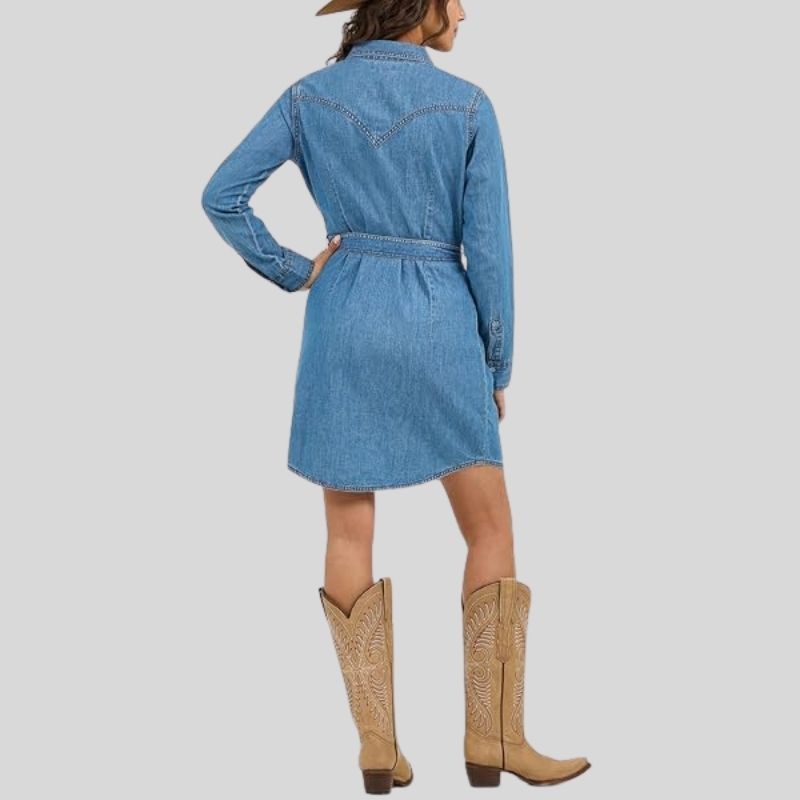 Retro langermet western-jeansskjorte med trykknapper