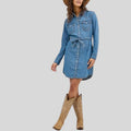 Retro langermet western-jeansskjorte med trykknapper